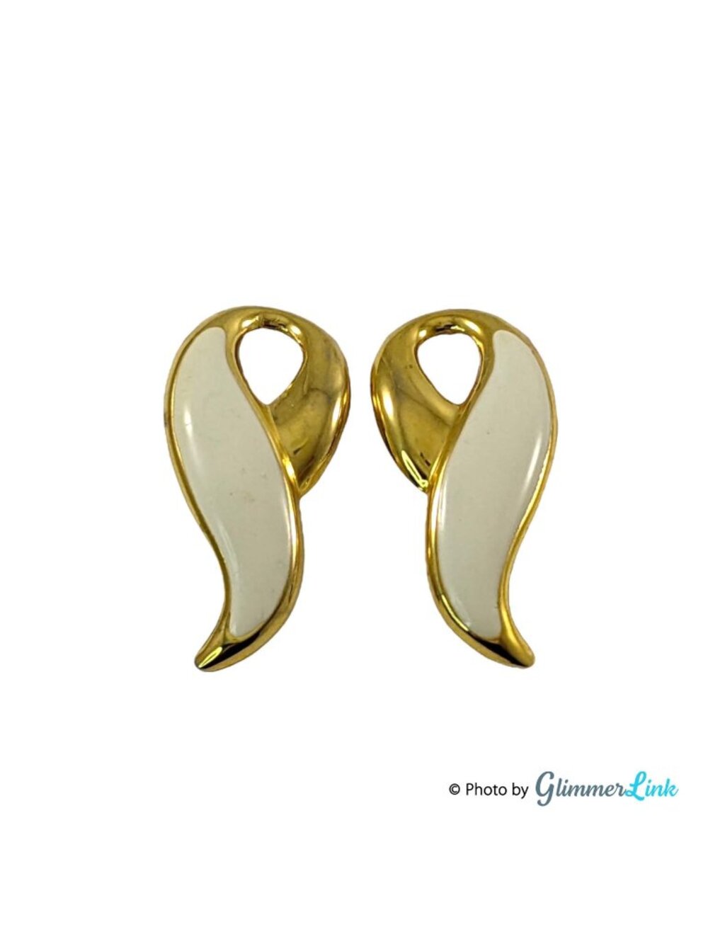Vintage 1980s Gold Tone Cream Enamel Ribbon Pierced Earrings 1 1/2 Inch